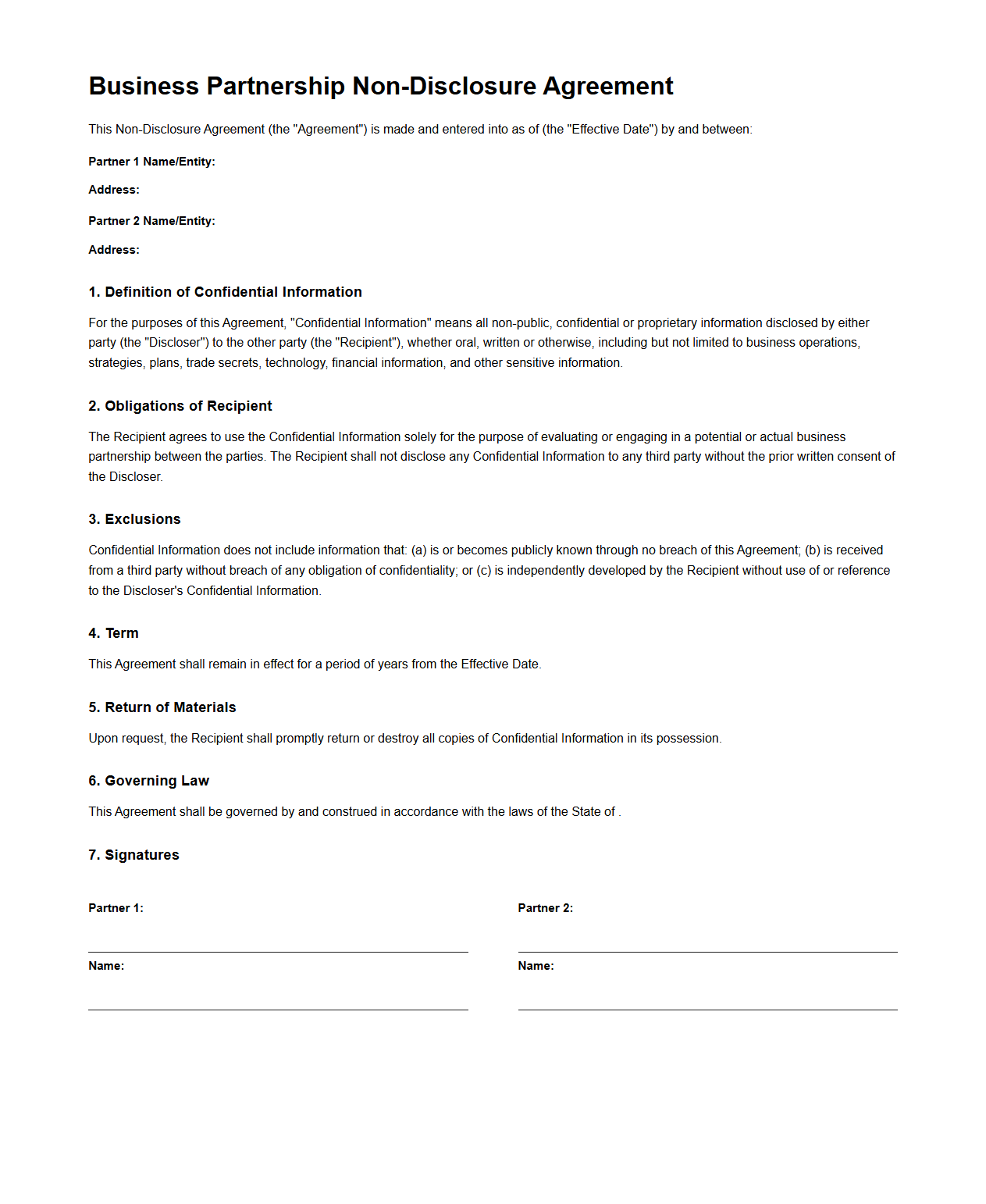 Generic Business Partnership Non-Disclosure Form