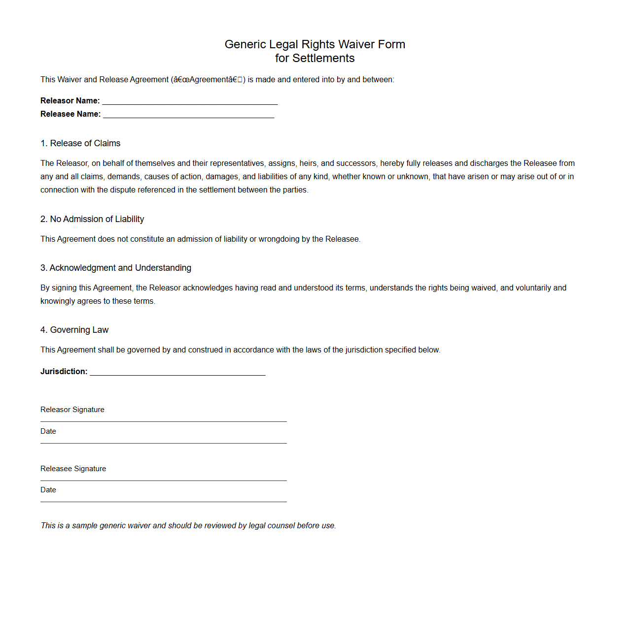 Generic Legal Rights Waiver Form for Settlements