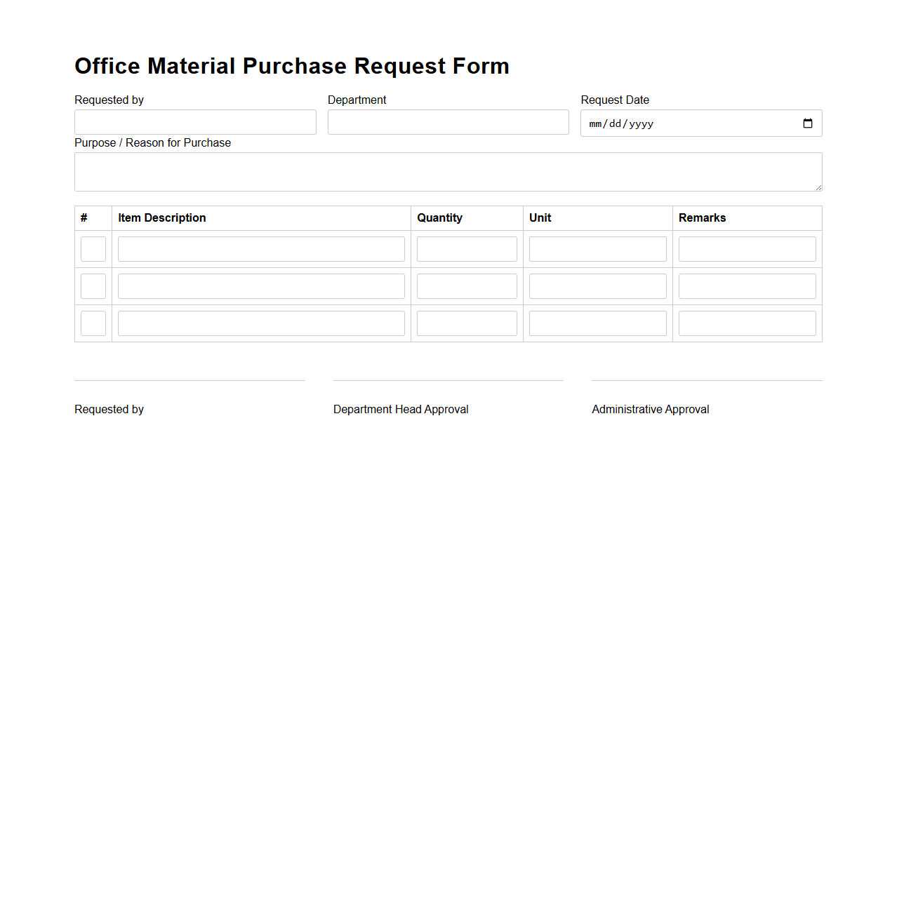 Generic Office Material Purchase Request Form