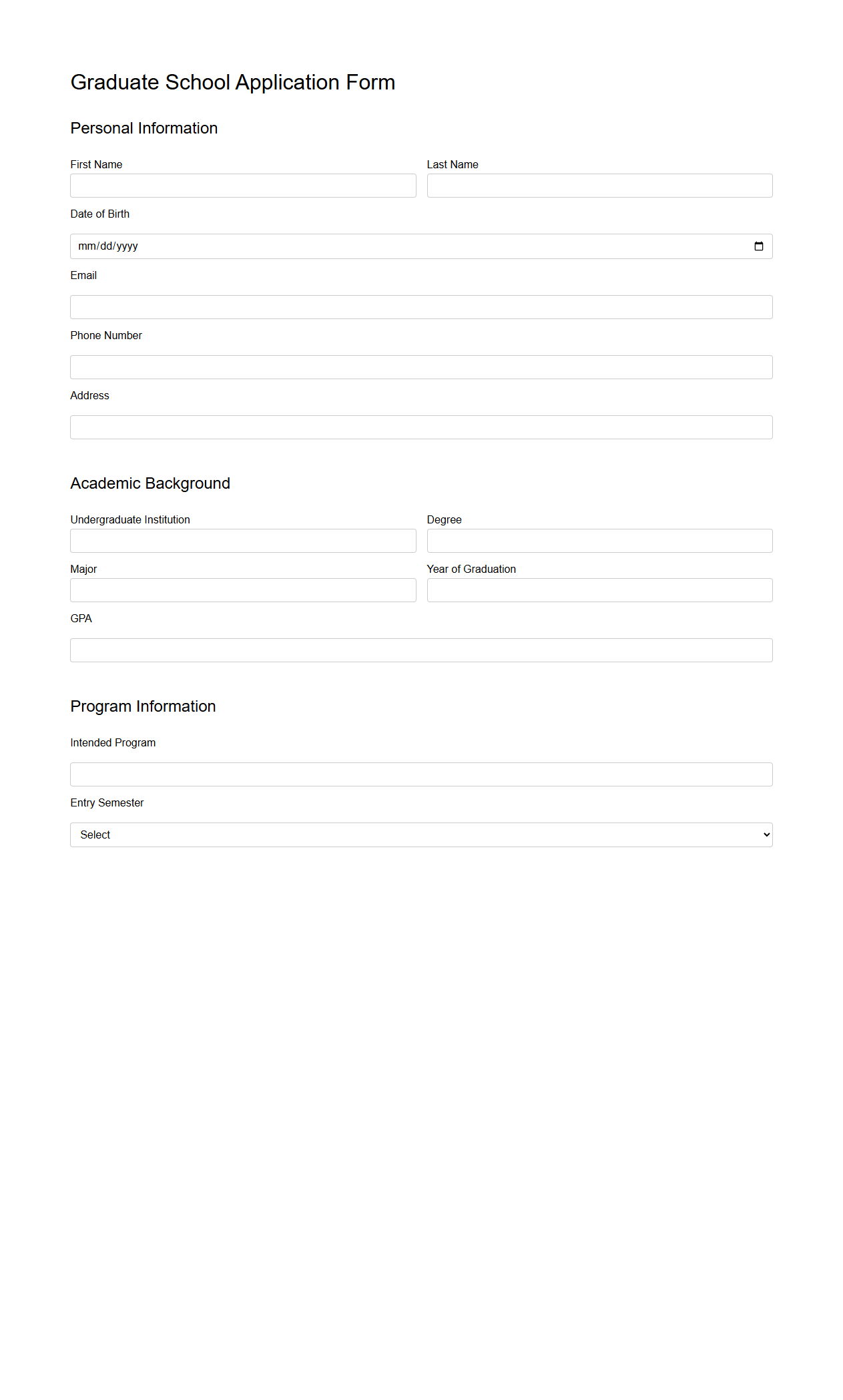 Graduate School Application Form Template