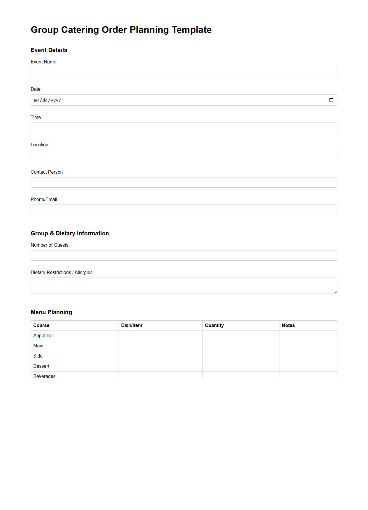 Group Catering Order Planning Template