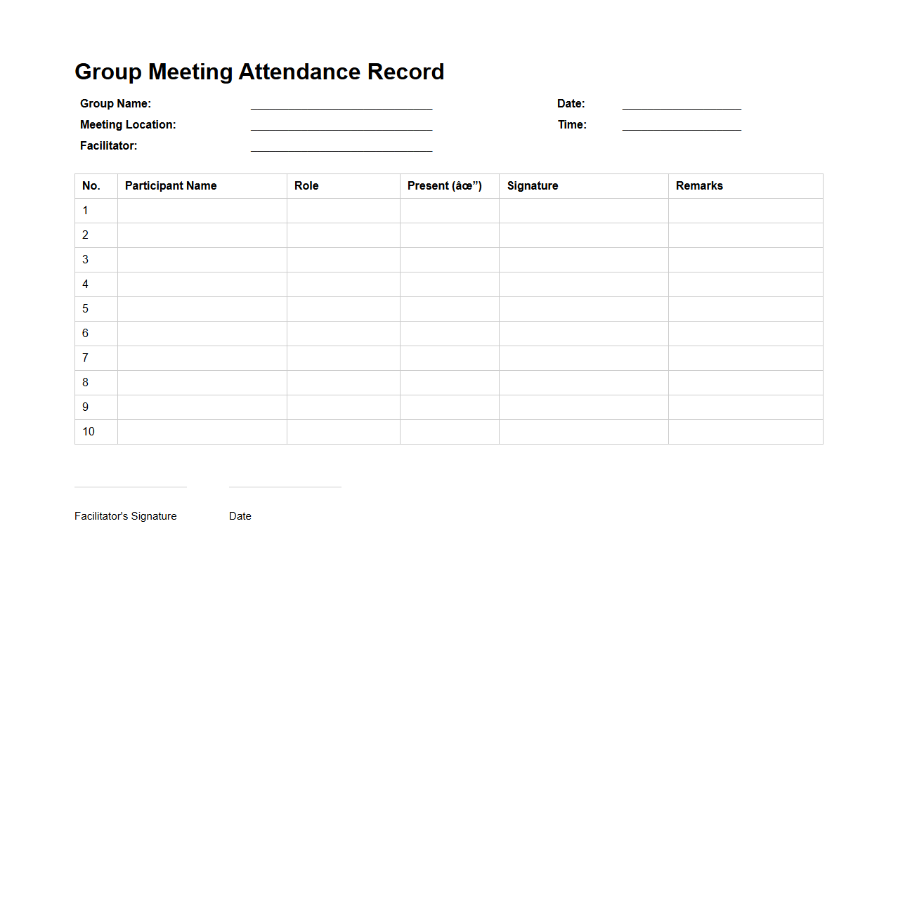 Group Meeting Attendance Record Template