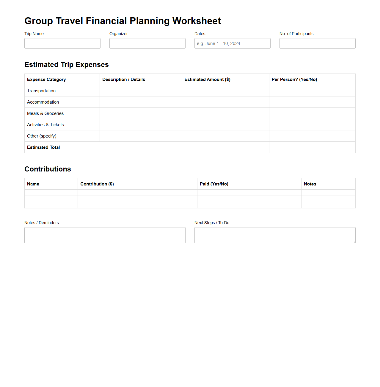 Group Travel Financial Planning Worksheet