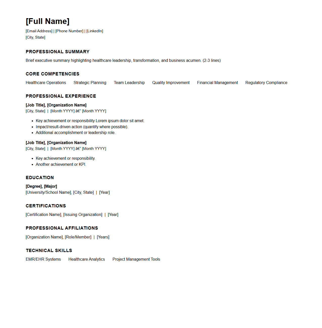 Healthcare Executive Resume Template Structure