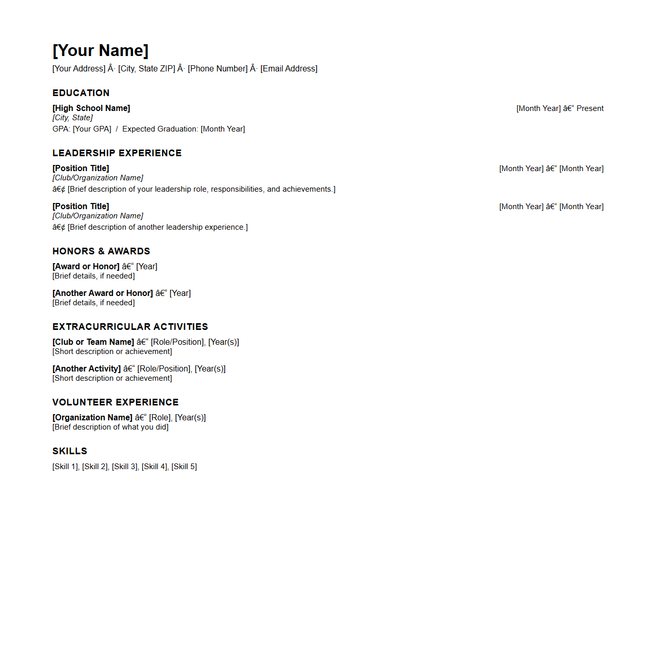 High School Leadership Resume Template for College Review