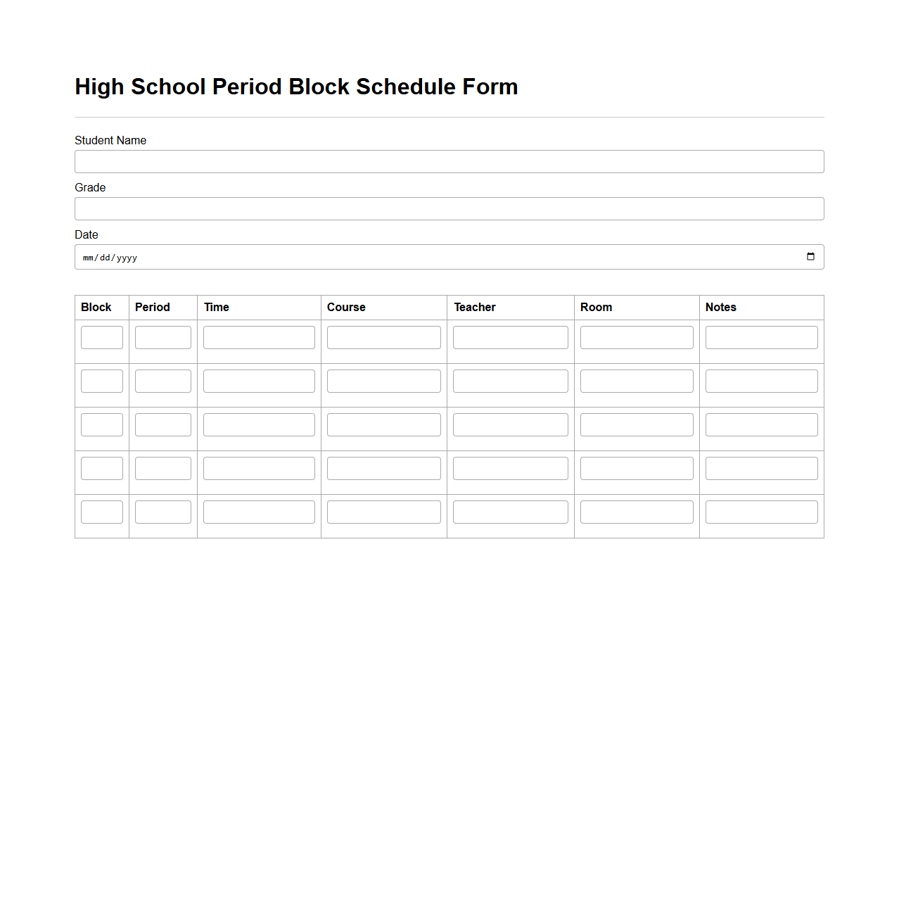 High School Period Block Schedule Form
