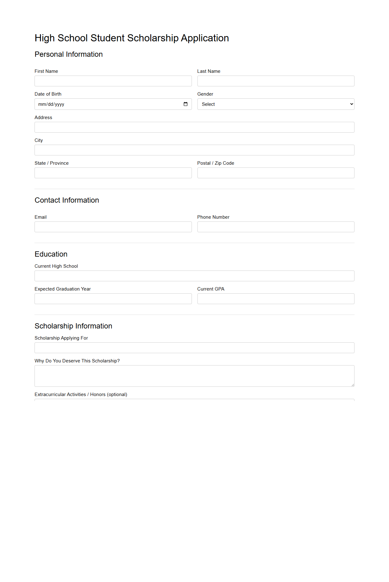 High School Student Scholarship Application Layout