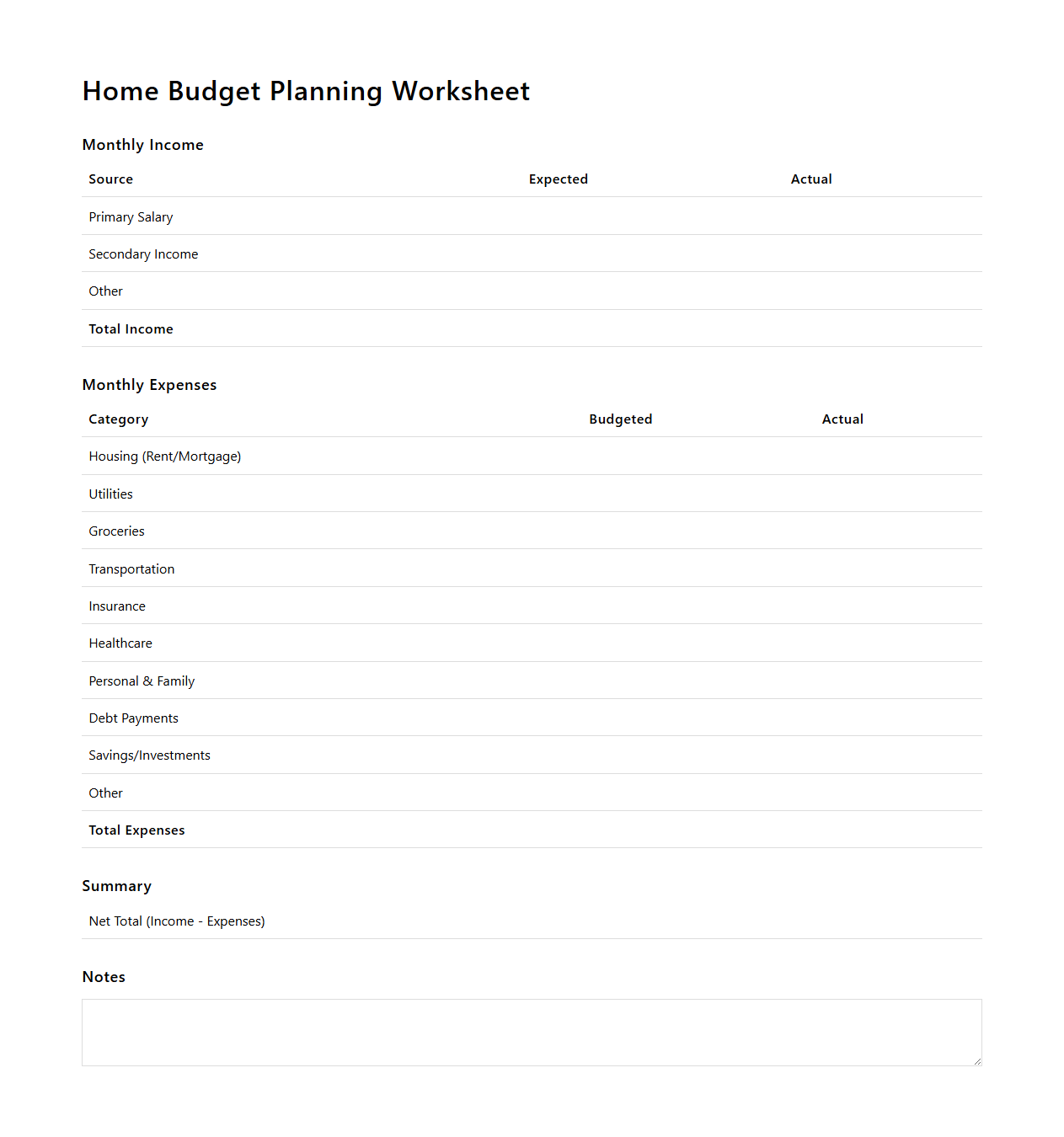 Home Budget Planning Worksheet