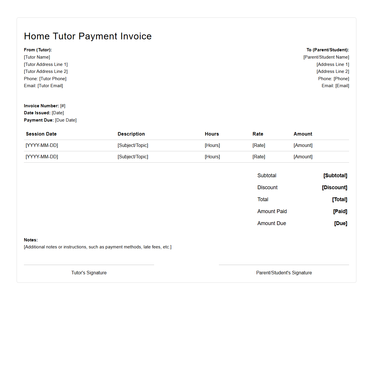 Home Tutor Payment Invoice Sample