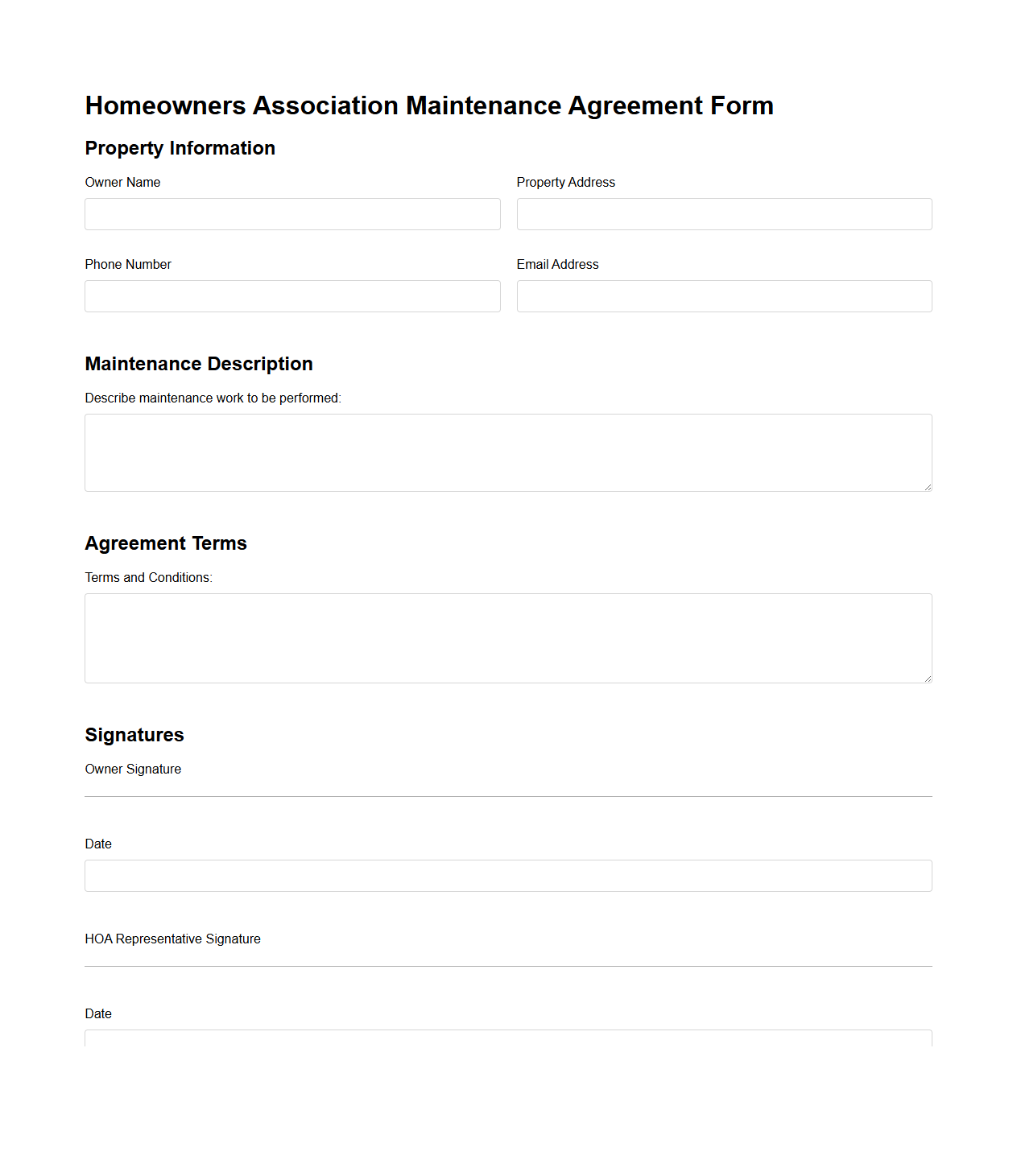 Homeowners Association Maintenance Agreement Form
