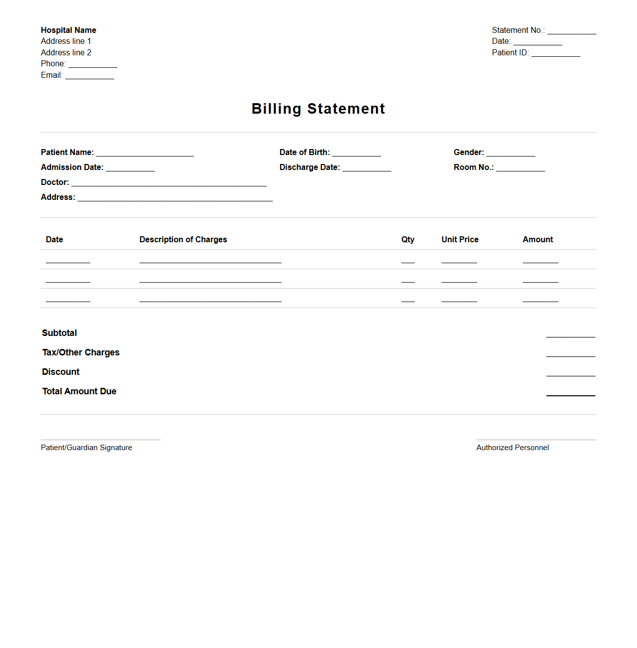 Hospital Blank Billing Statement Layout