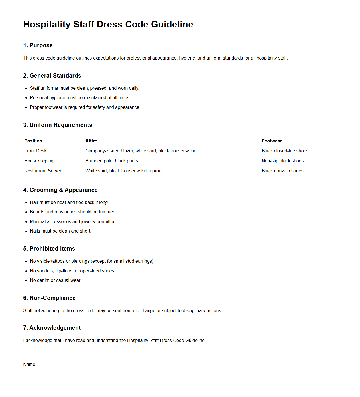 Hospitality Staff Dress Code Guideline Template