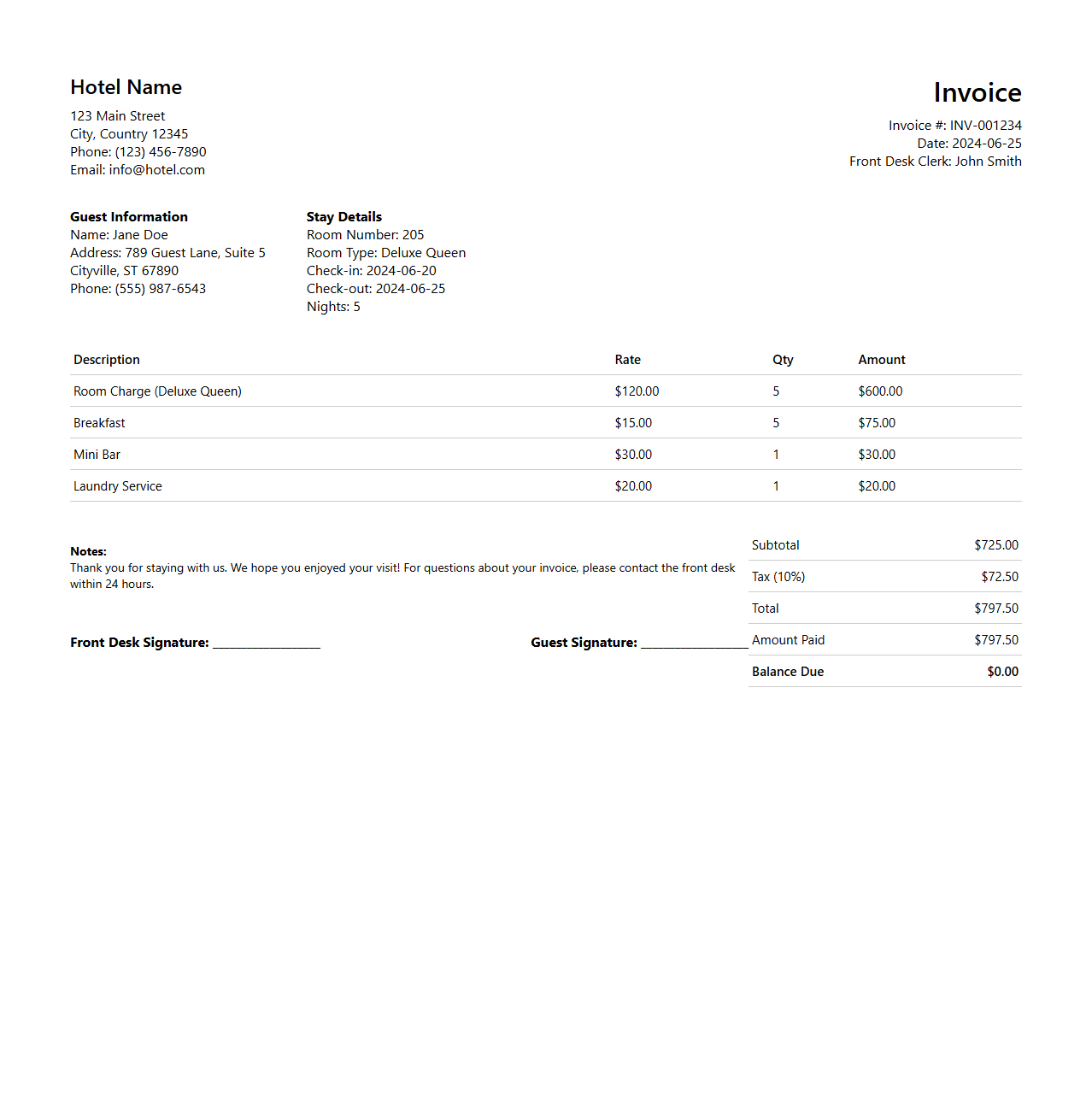 Hotel Stay Invoice Sample for Front Desk Operations