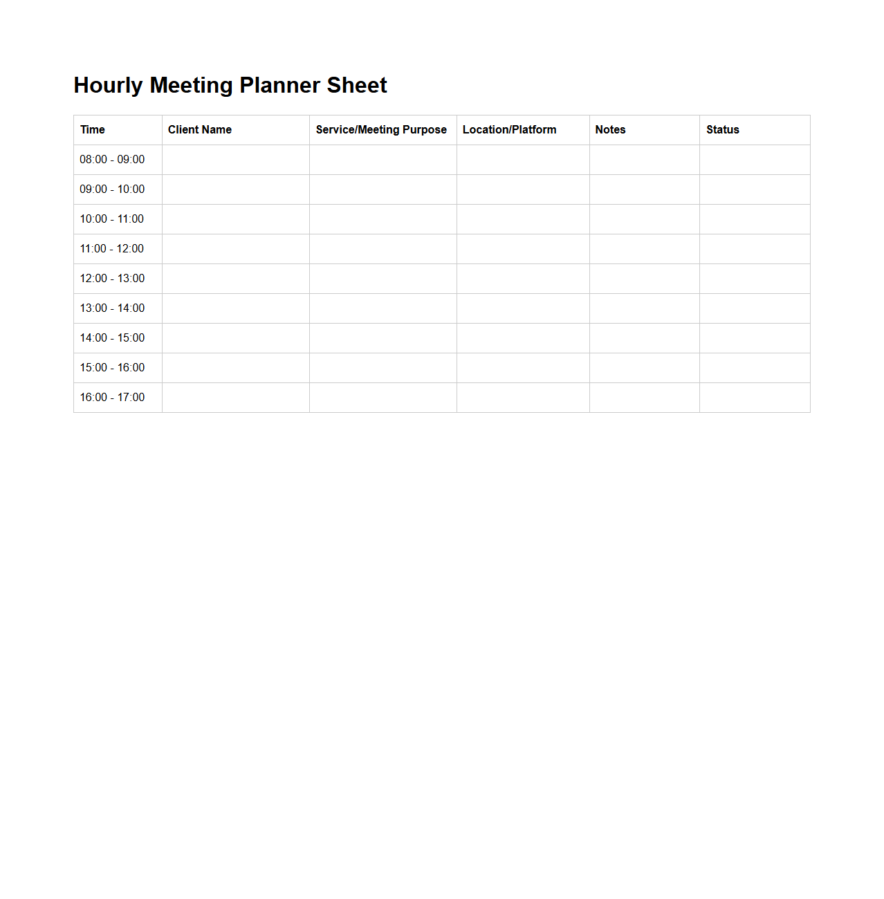 Hourly Meeting Planner Sheet for Service Providers