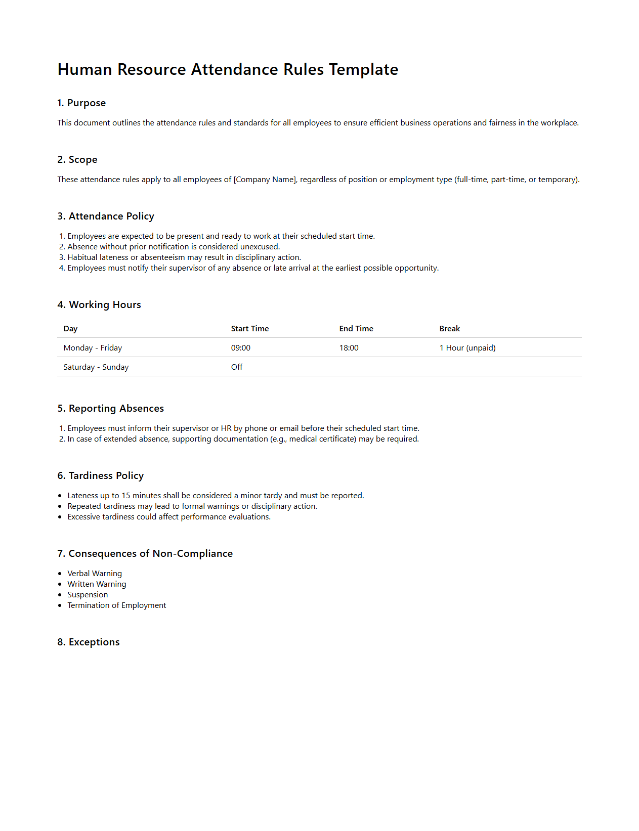Human Resource Attendance Rules Template