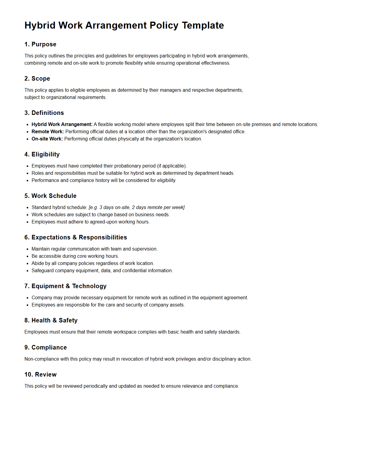 Hybrid Work Arrangement Policy Template