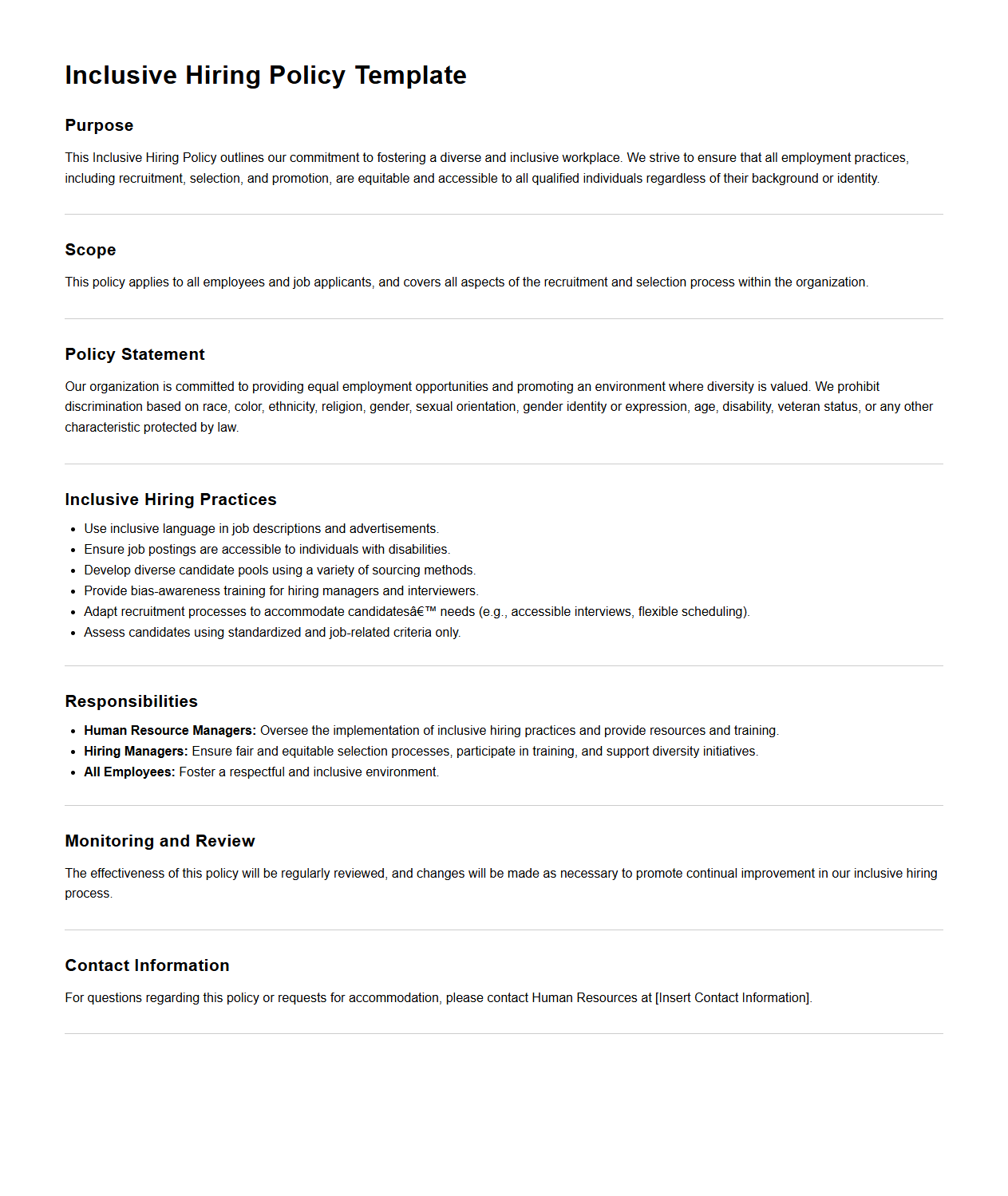 Inclusive Hiring Policy Template for Human Resource Managers
