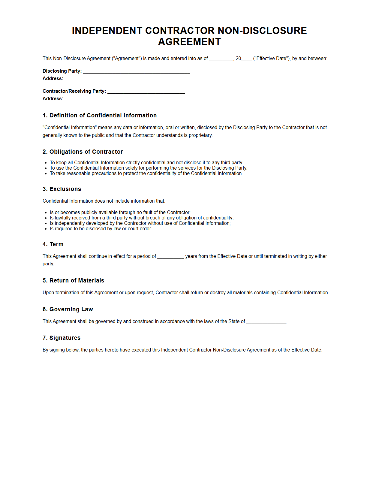 Independent Contractor Non-Disclosure Agreement Template