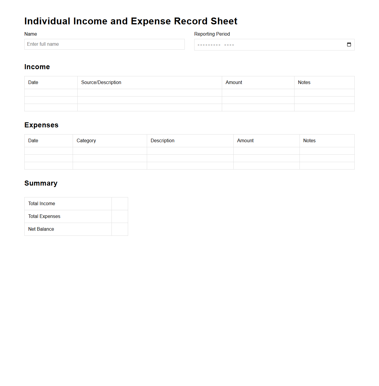 Individual Income and Expense Record Sheet