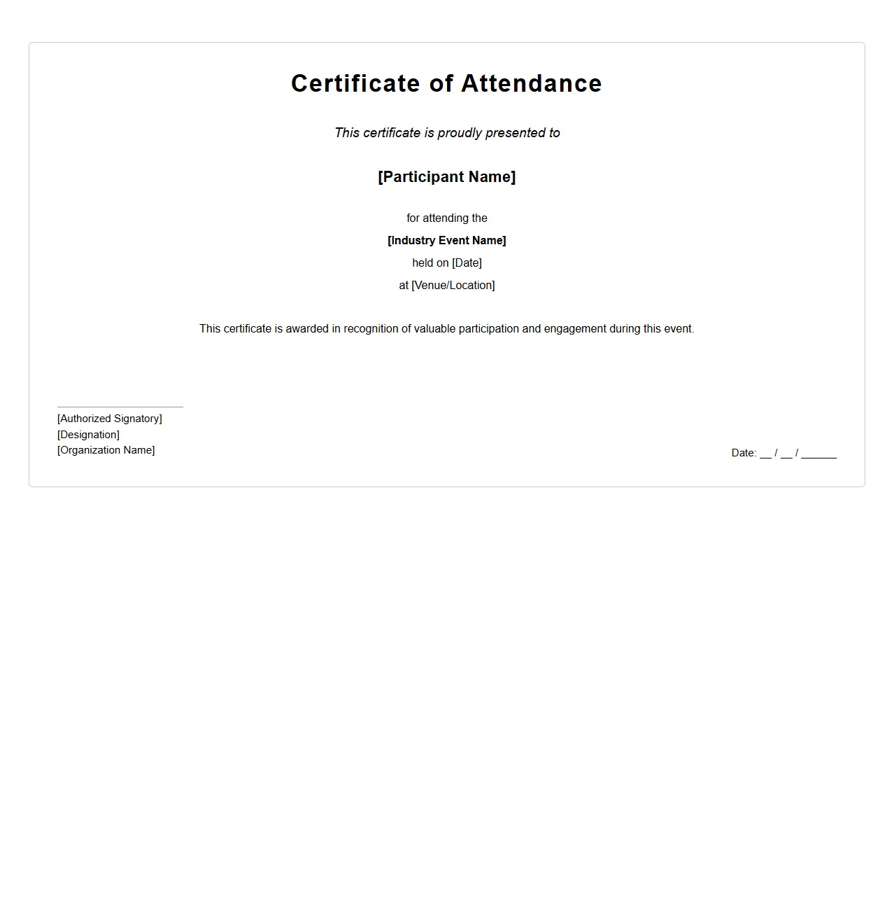 Industry Event Attendance Certificate Format