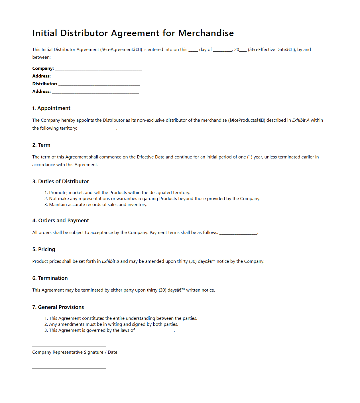 Initial Distributor Agreement for Merchandise