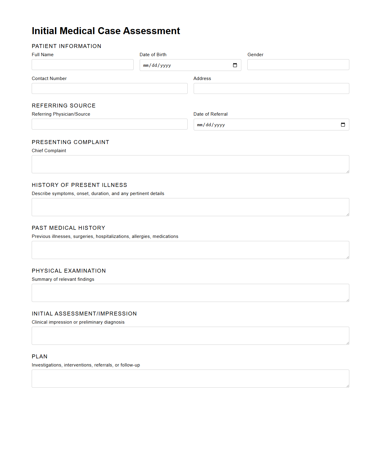 Initial Medical Case Assessment Template