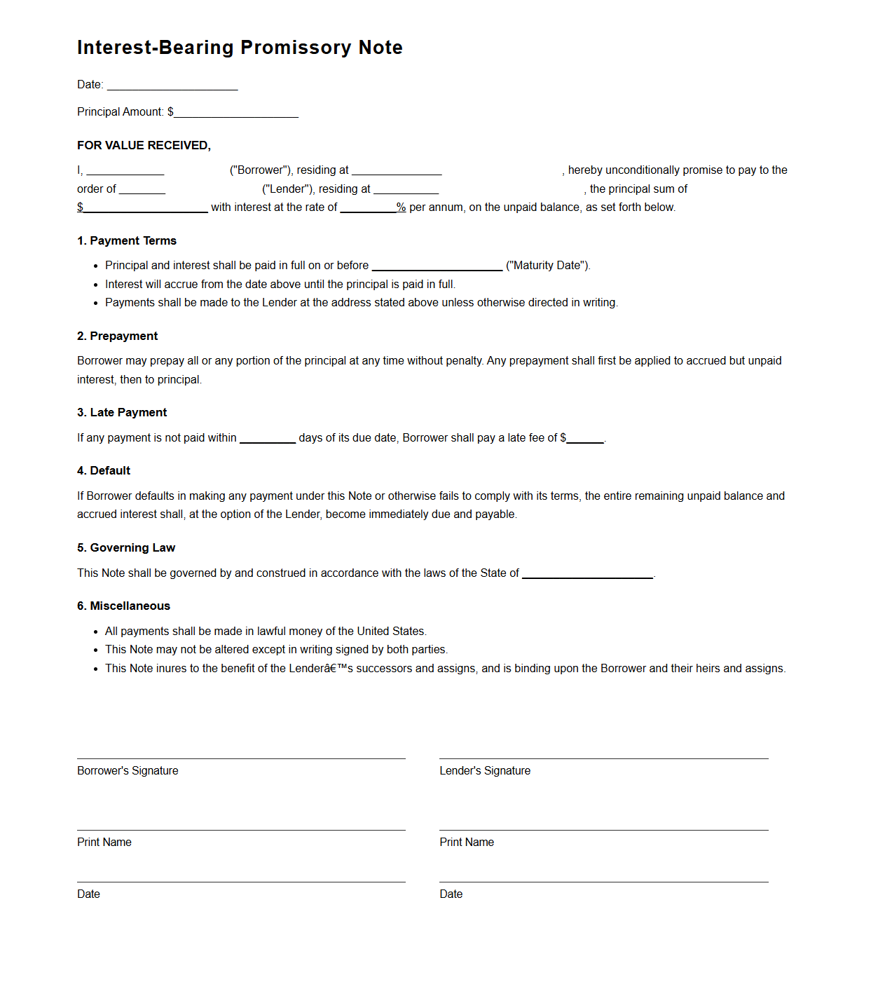 Interest-Bearing Promissory Note for Formal Lending