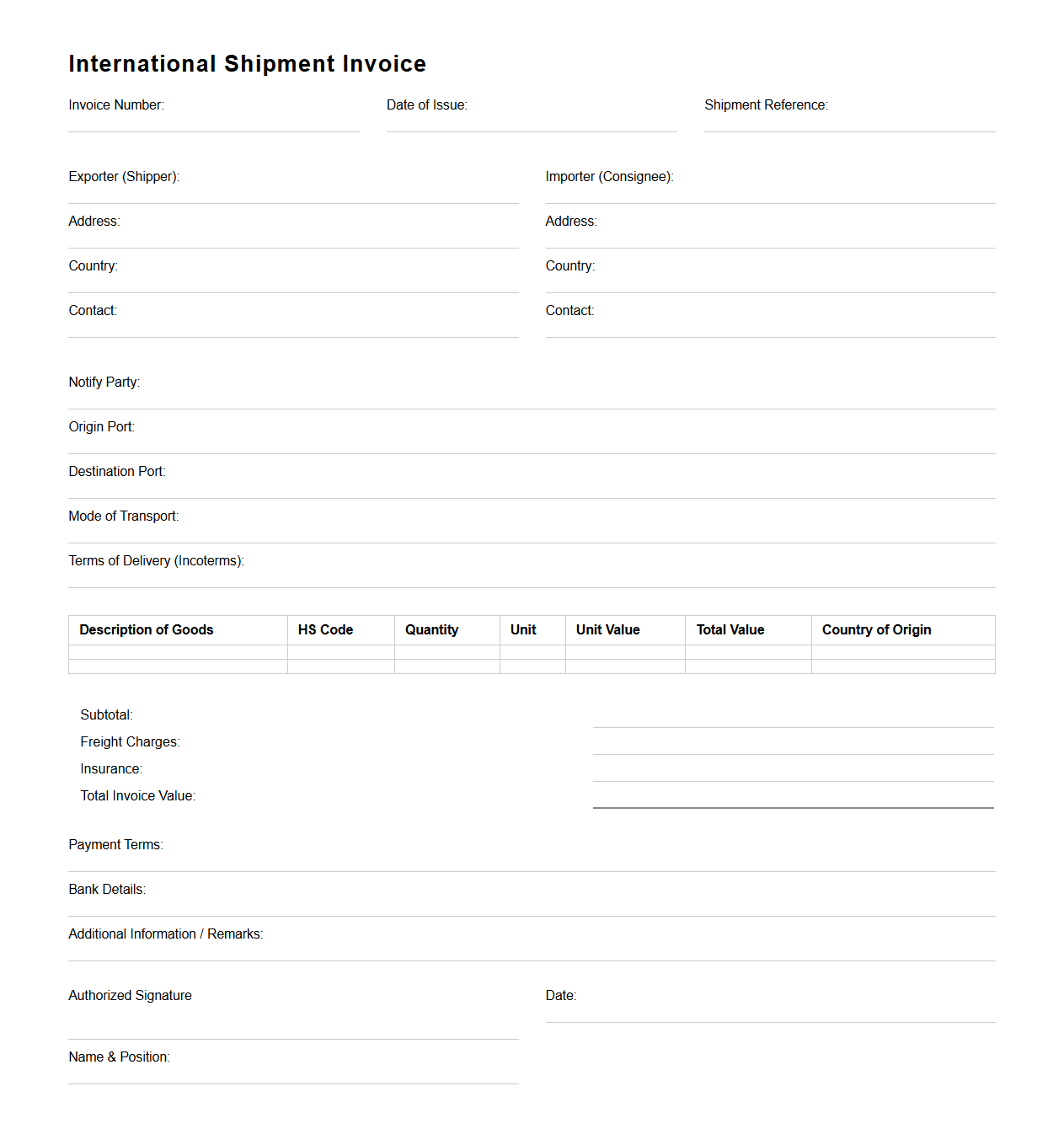 International Shipment Invoice Template for Logistics