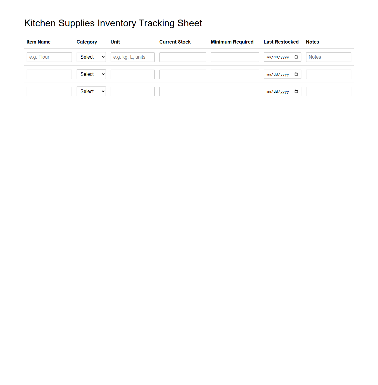 Inventory Tracking Sheet for Kitchen Supplies