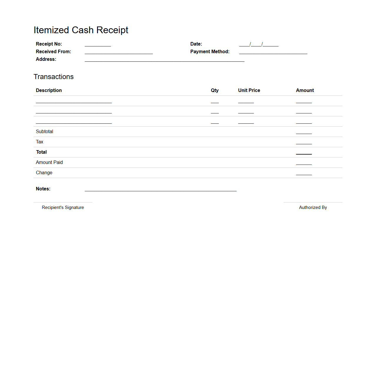 Itemized Cash Receipt Example for Transactions