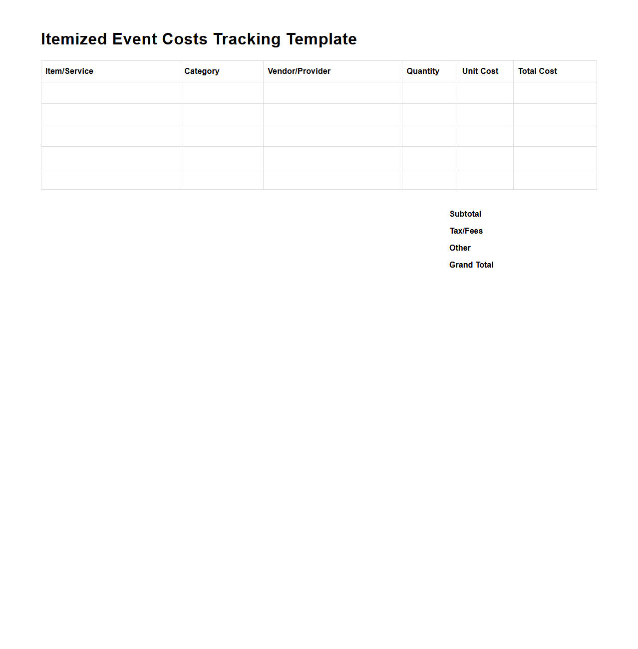 Itemized Event Costs Tracking Template