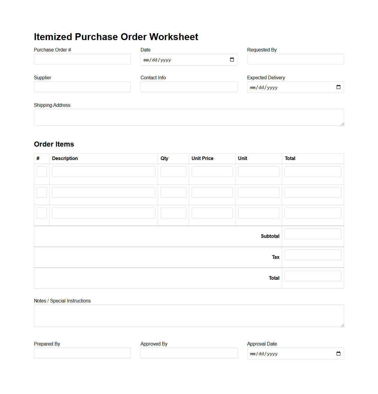 Itemized Purchase Order Worksheet for Procurement