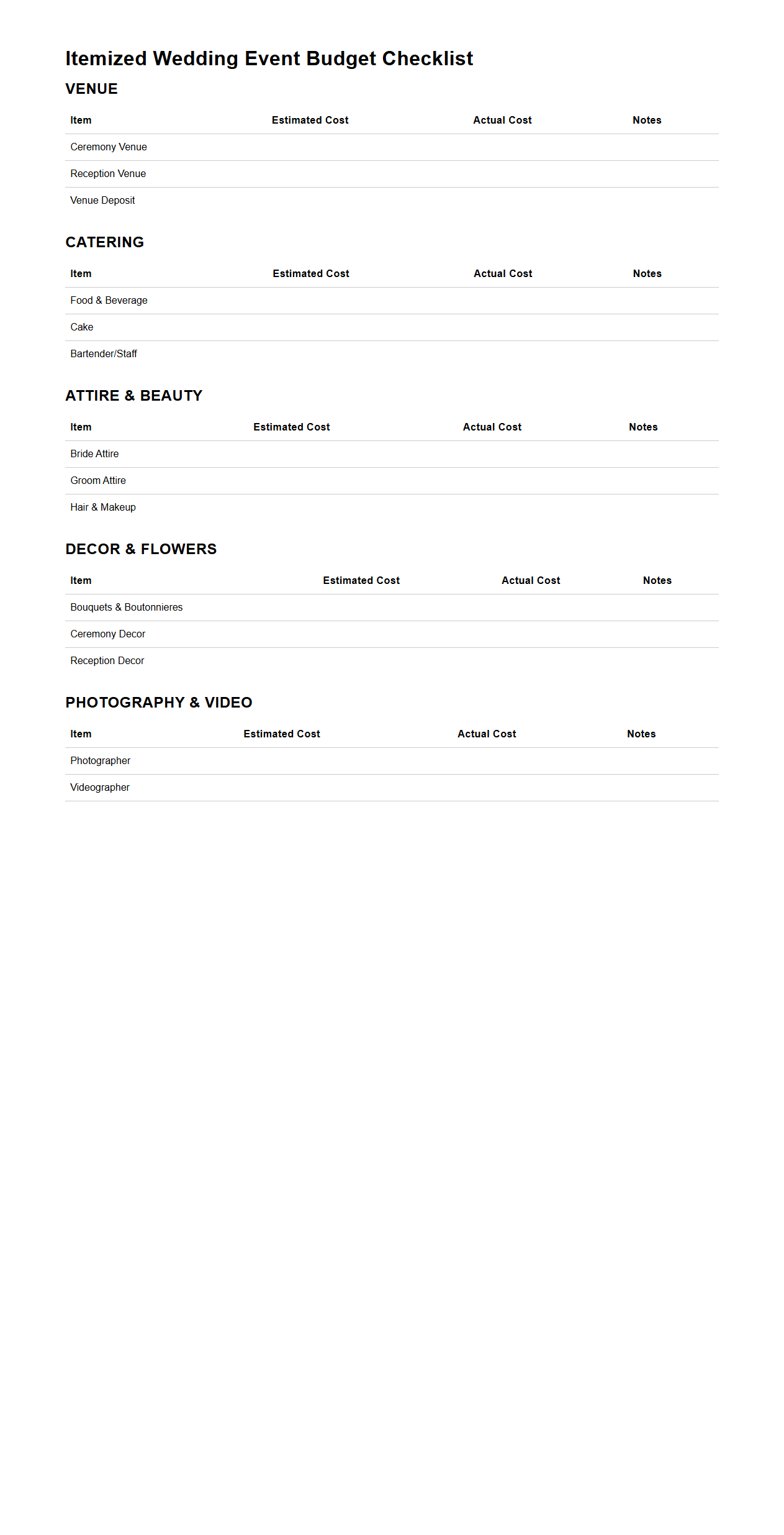 Itemized Wedding Event Budget Checklist