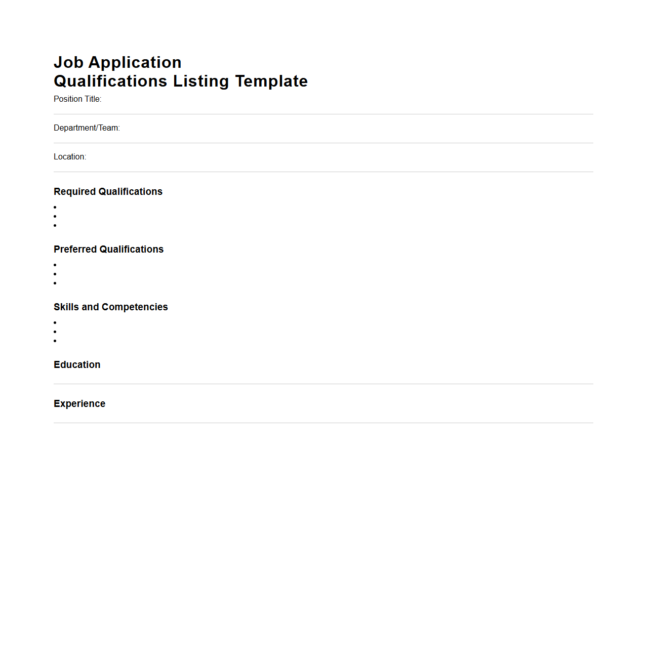 Job Application Qualifications Listing Template