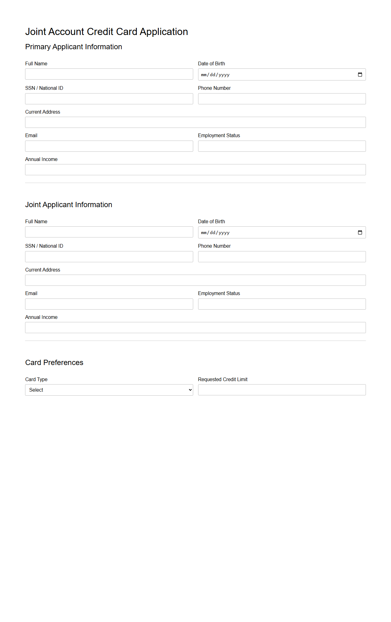 Joint Account Blank Credit Card Application Template