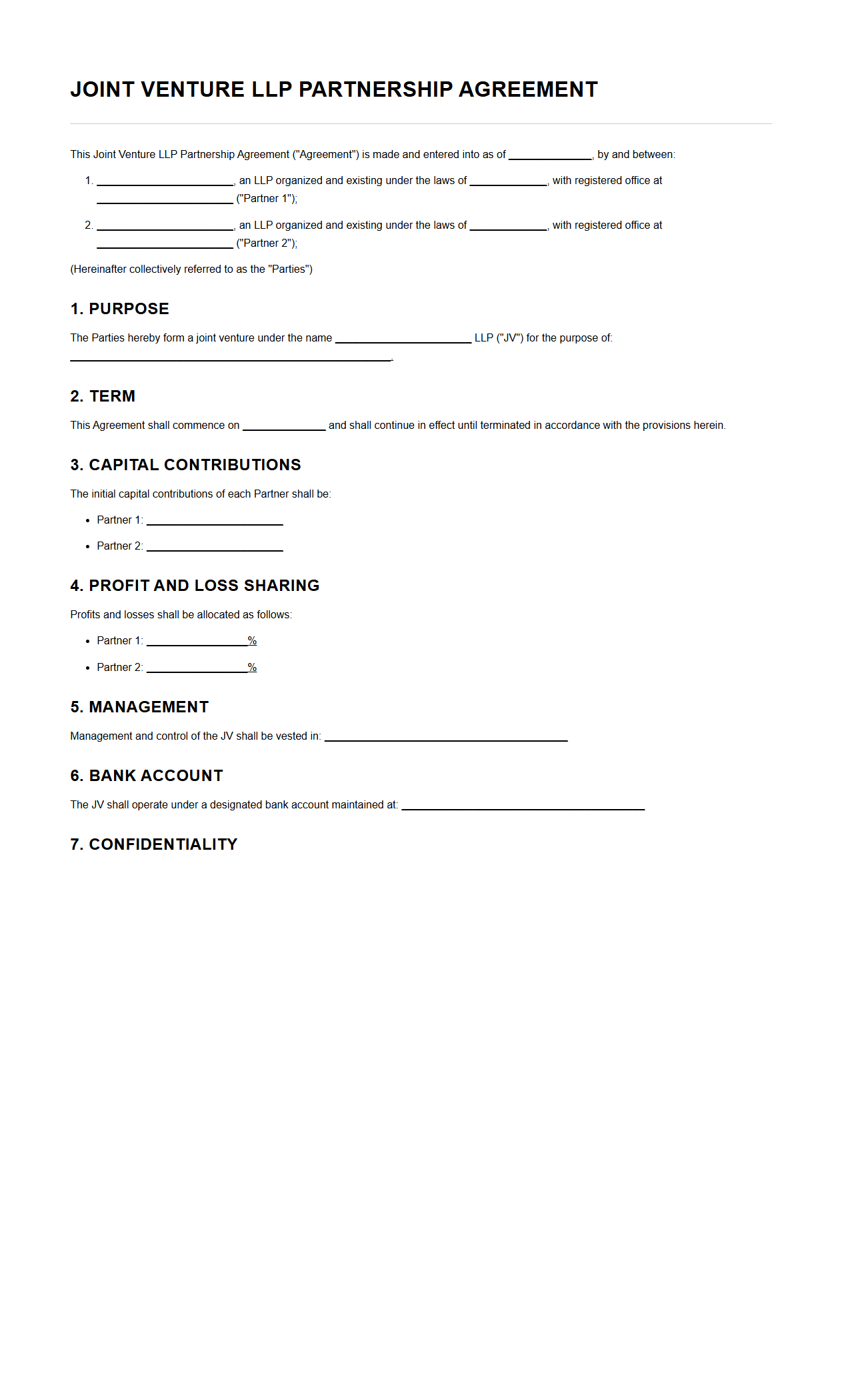 Joint Venture LLP Partnership Agreement Blank Template
