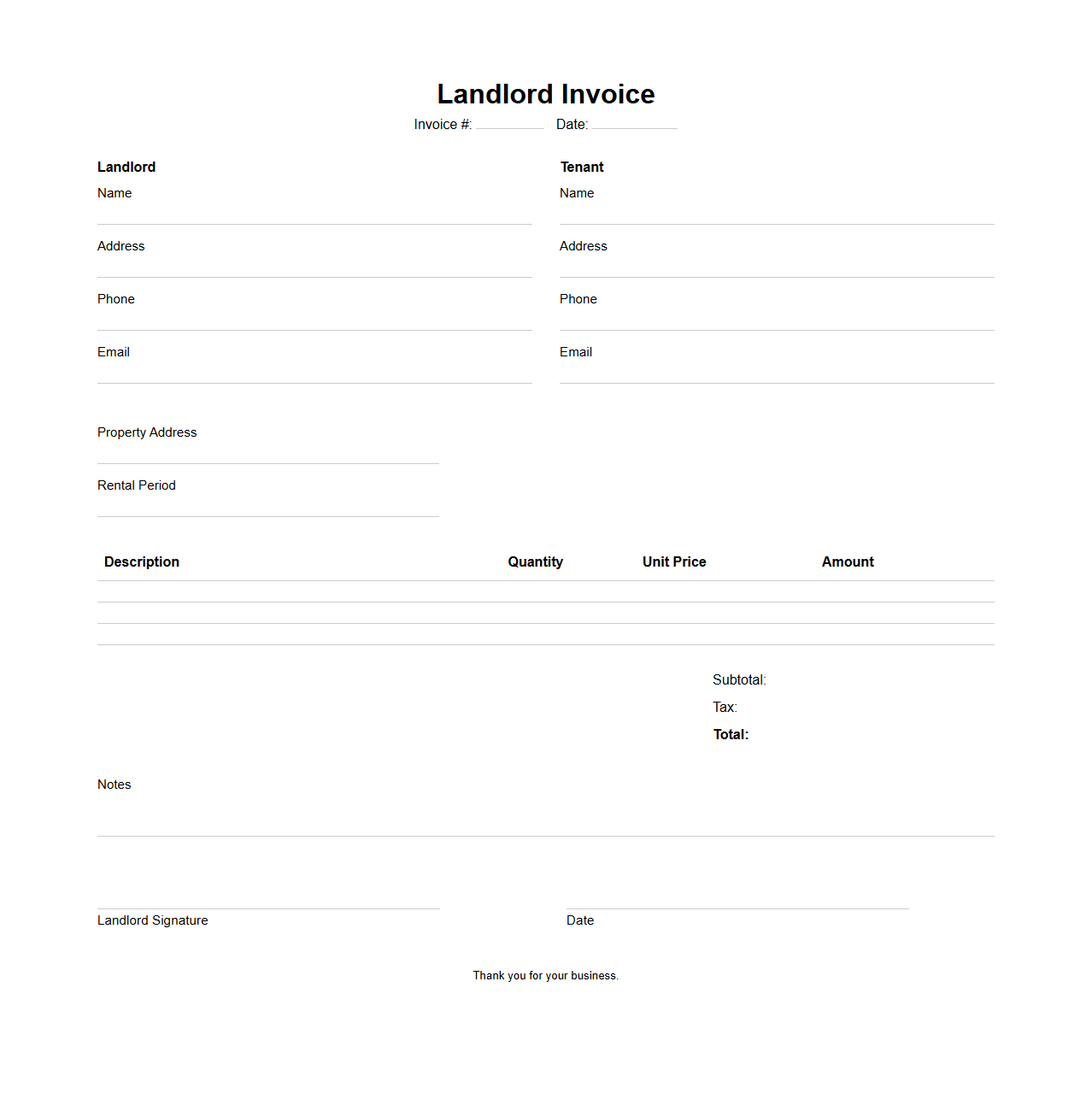 Landlord Invoice Blank Design