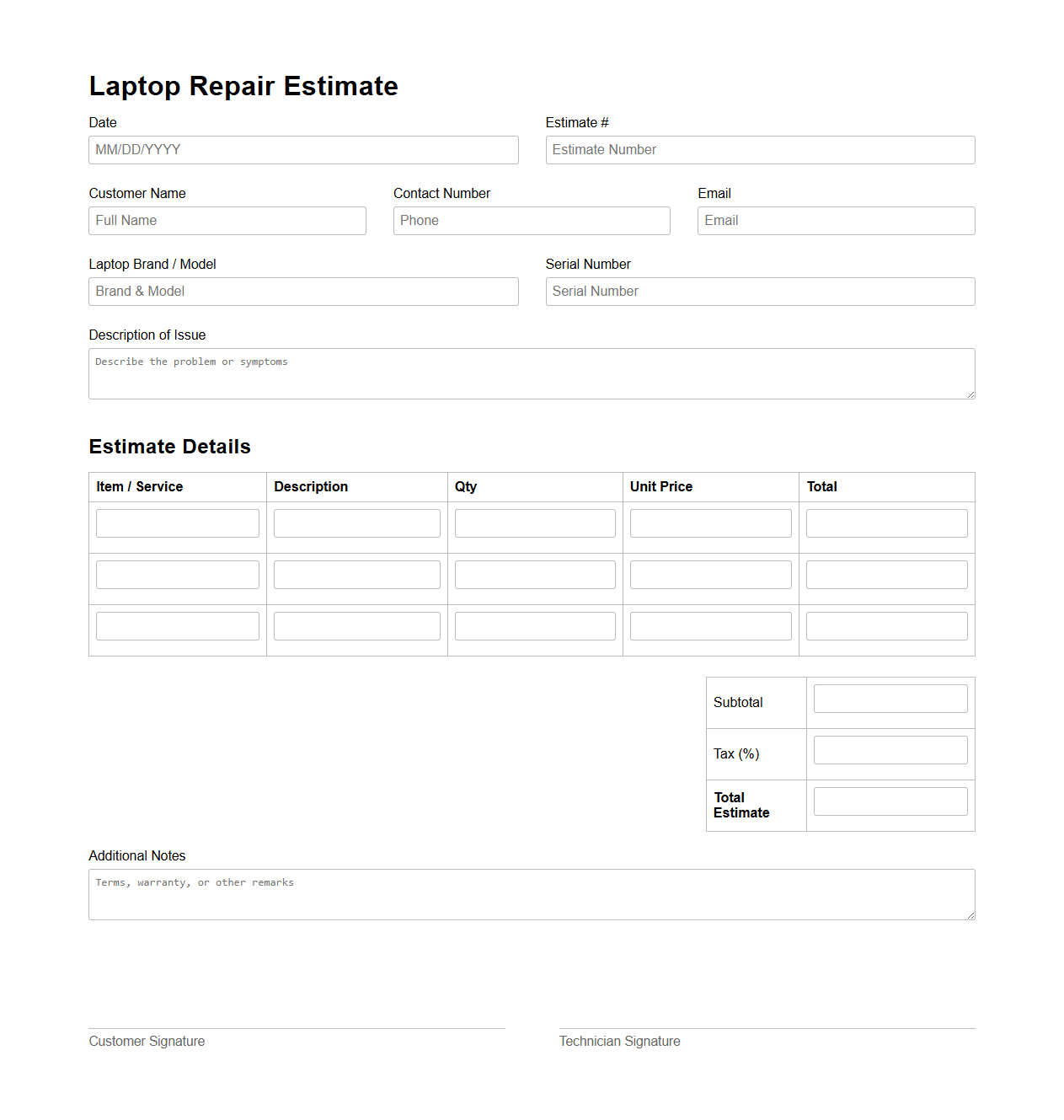 Laptop Repair Estimate Template