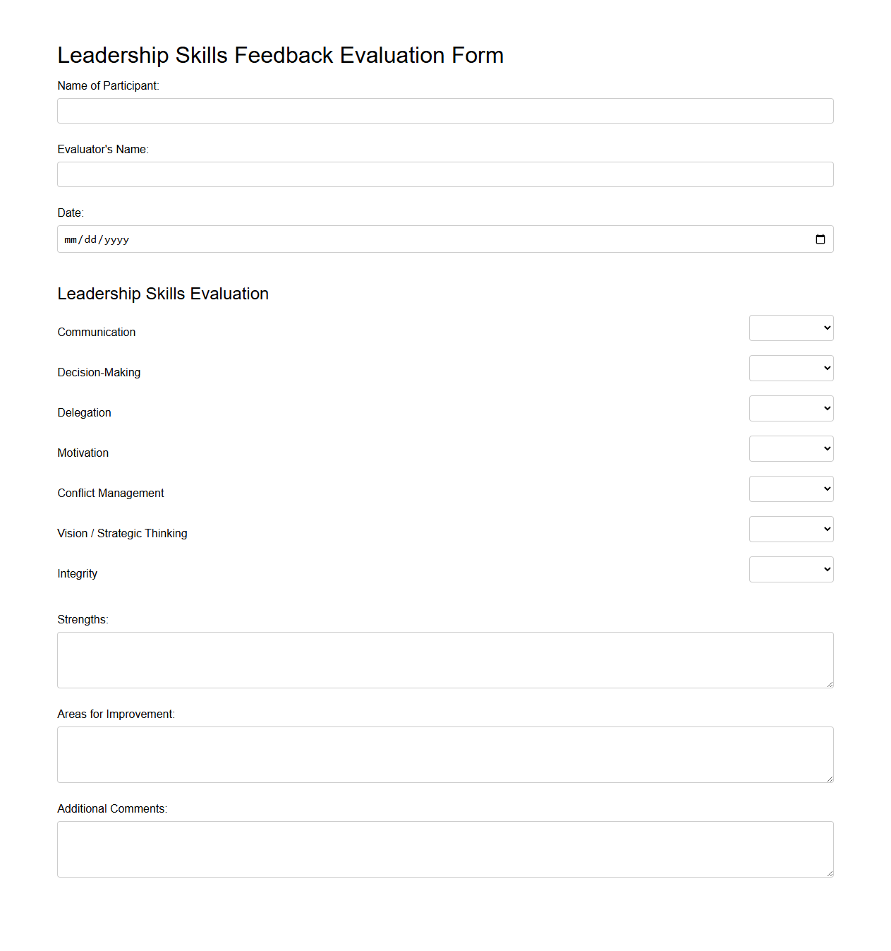 Leadership Skills Blank Feedback Evaluation Form