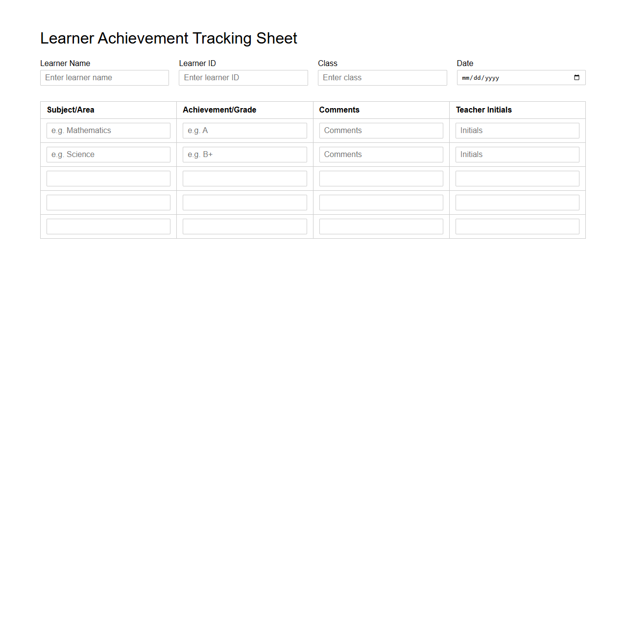 Learner Achievement Tracking Sheet