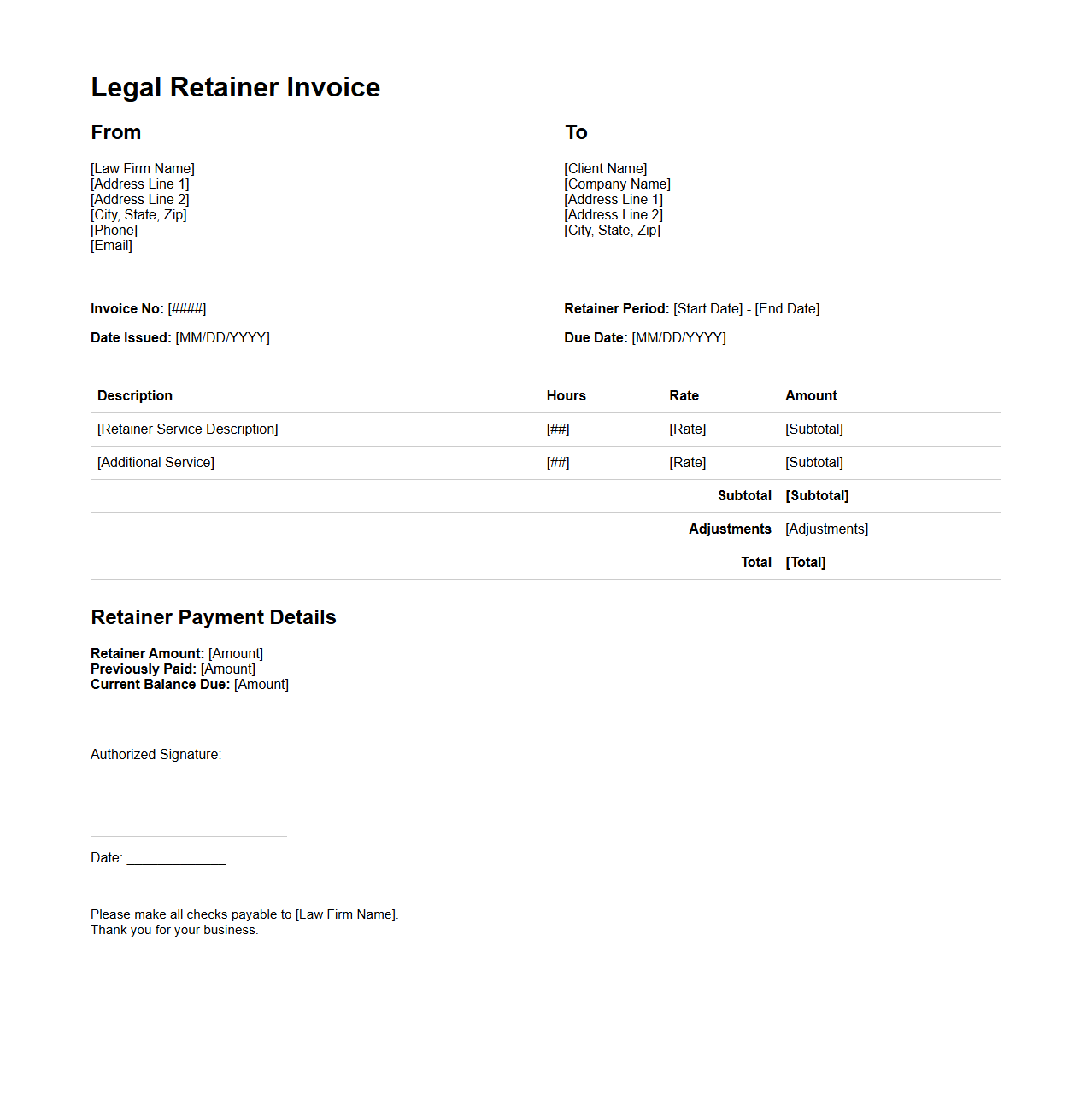 Legal Retainer Invoice Template