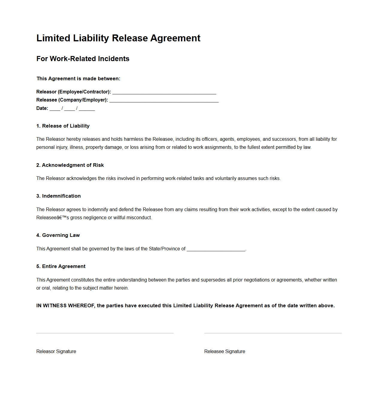 Limited Liability Release Agreement for Work-Related incidents