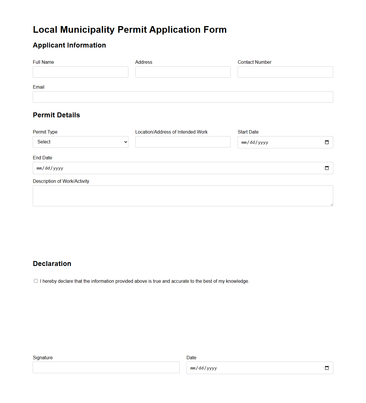 Local Municipality Permit Application Form Template