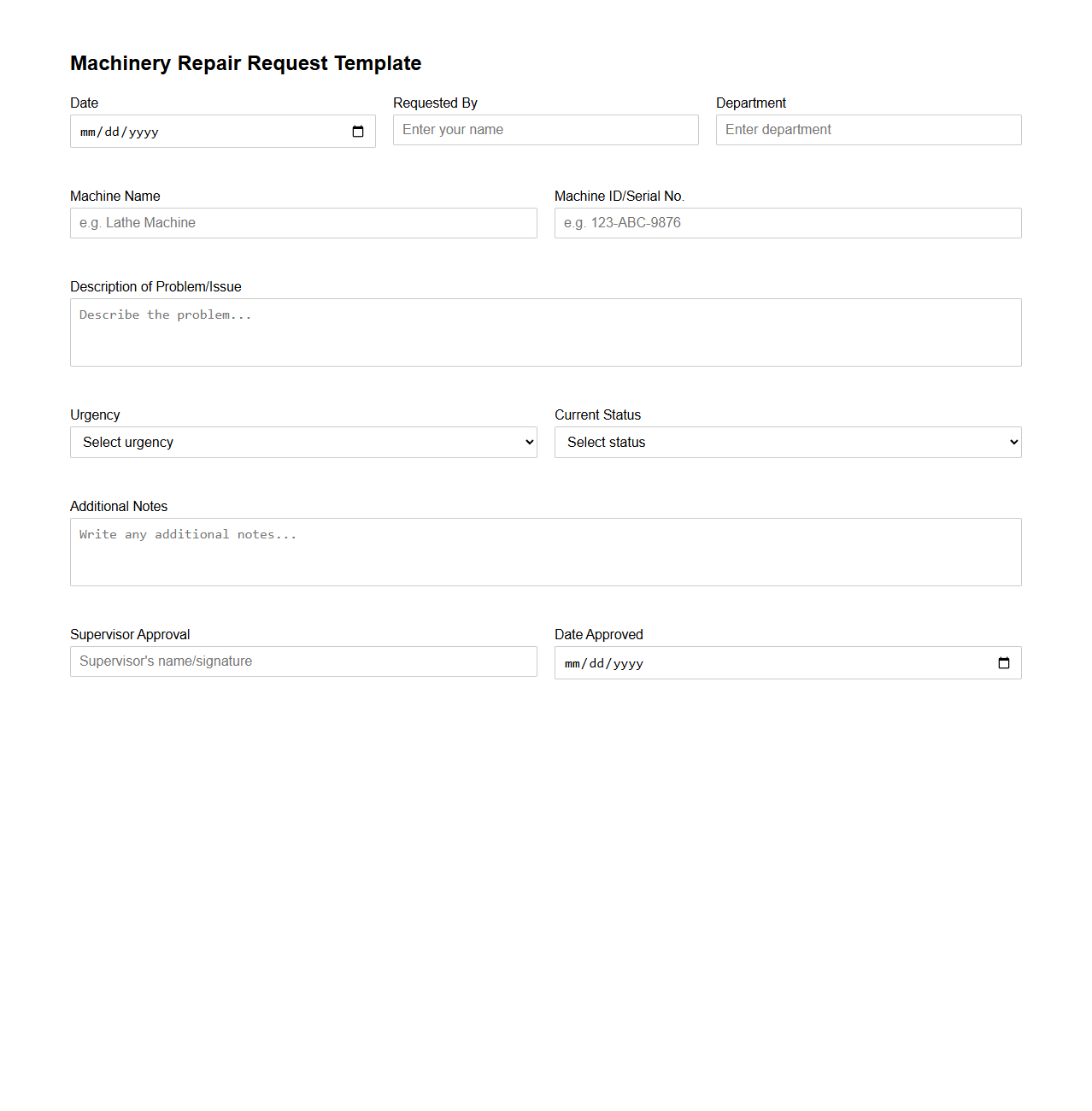 Machinery Repair Request Template