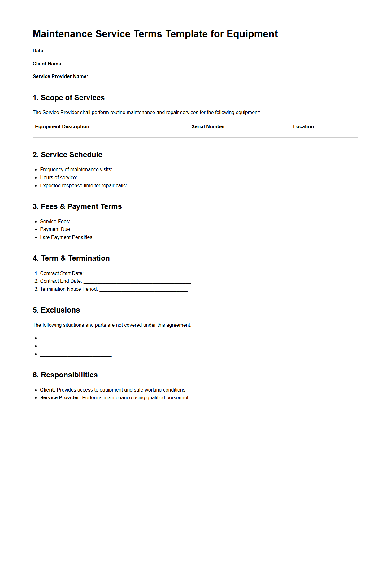 Maintenance Service Terms Template for Equipment
