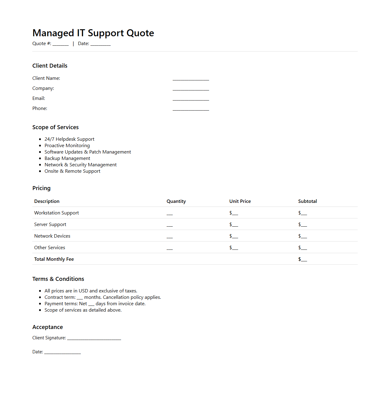 Managed IT Support Quote Document