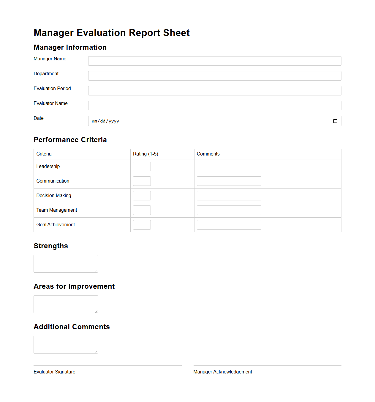 Manager Evaluation Report Sheet
