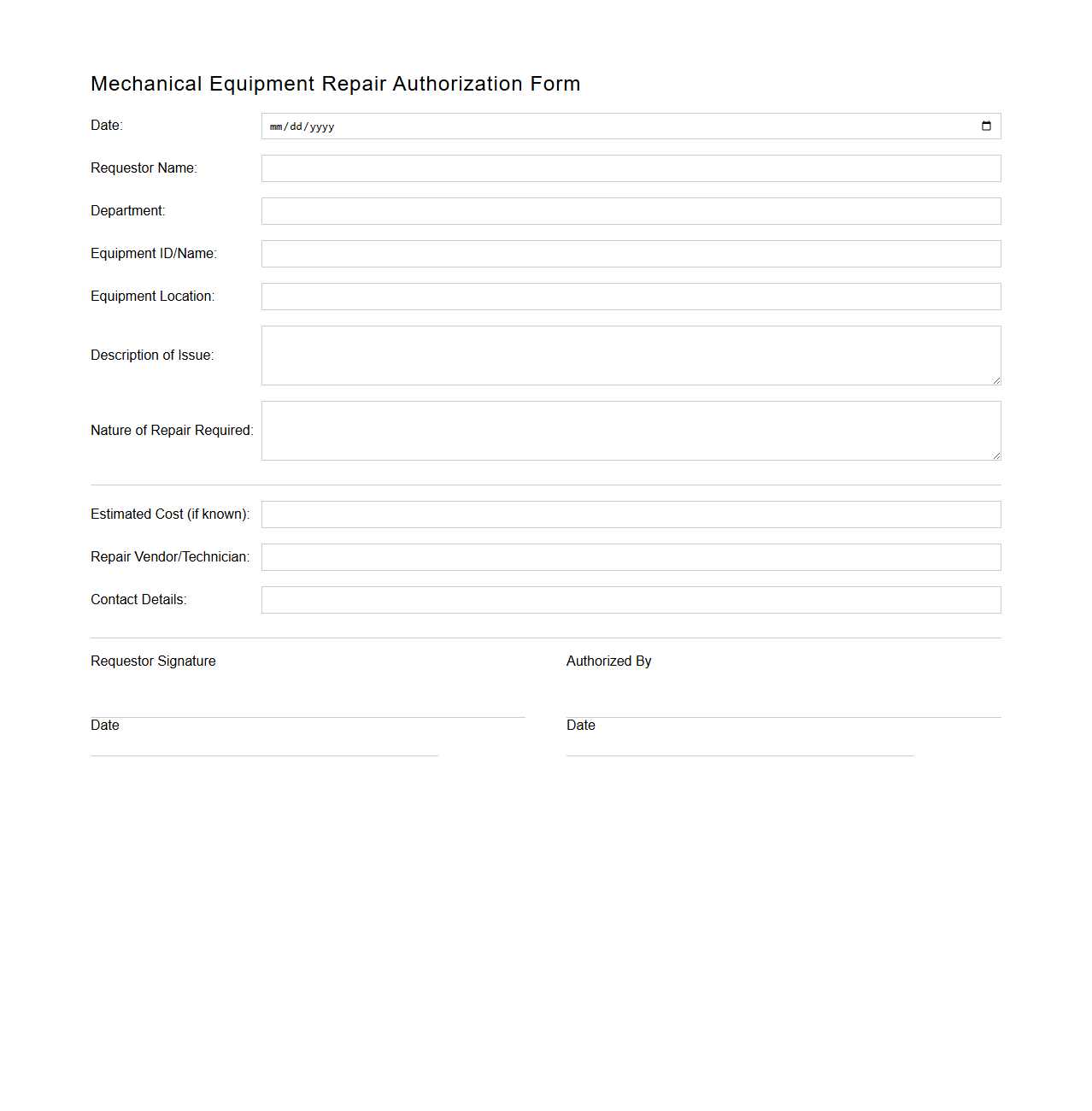 Mechanical Equipment Repair Authorization Form