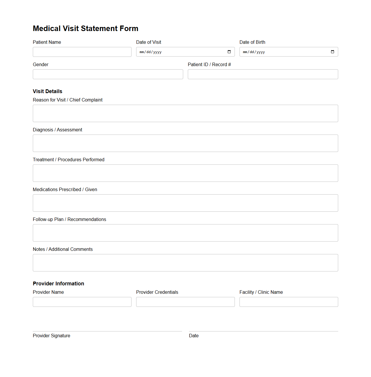 Medical Visit Statement Form for Recordkeeping