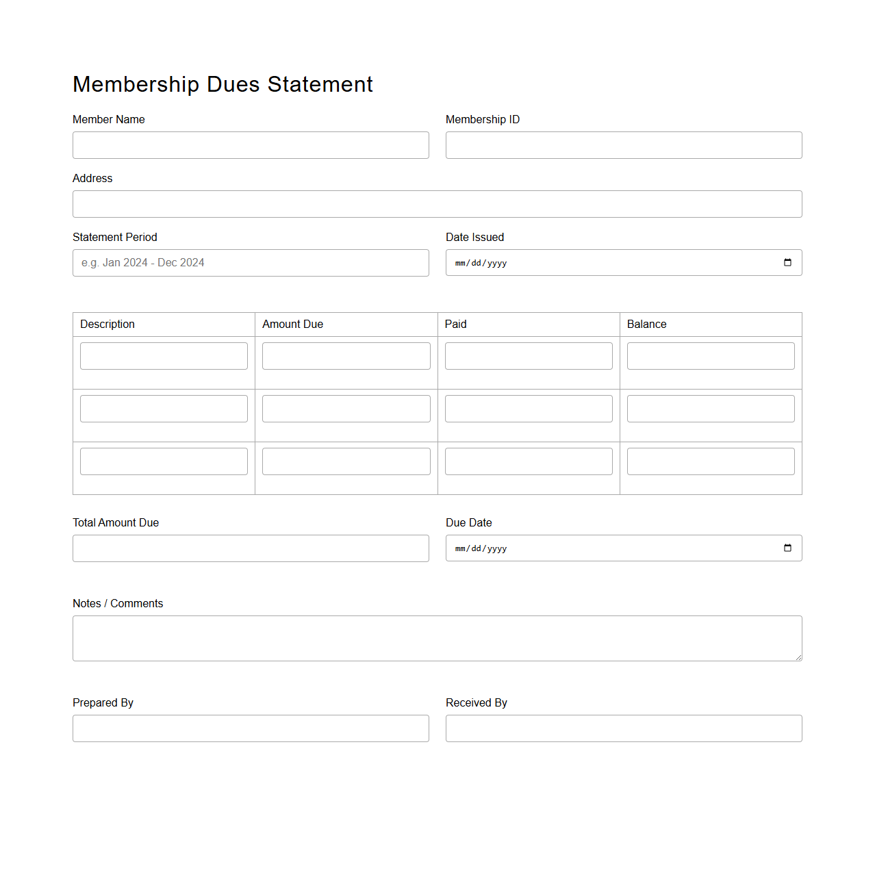 Membership Dues Statement Blank Form